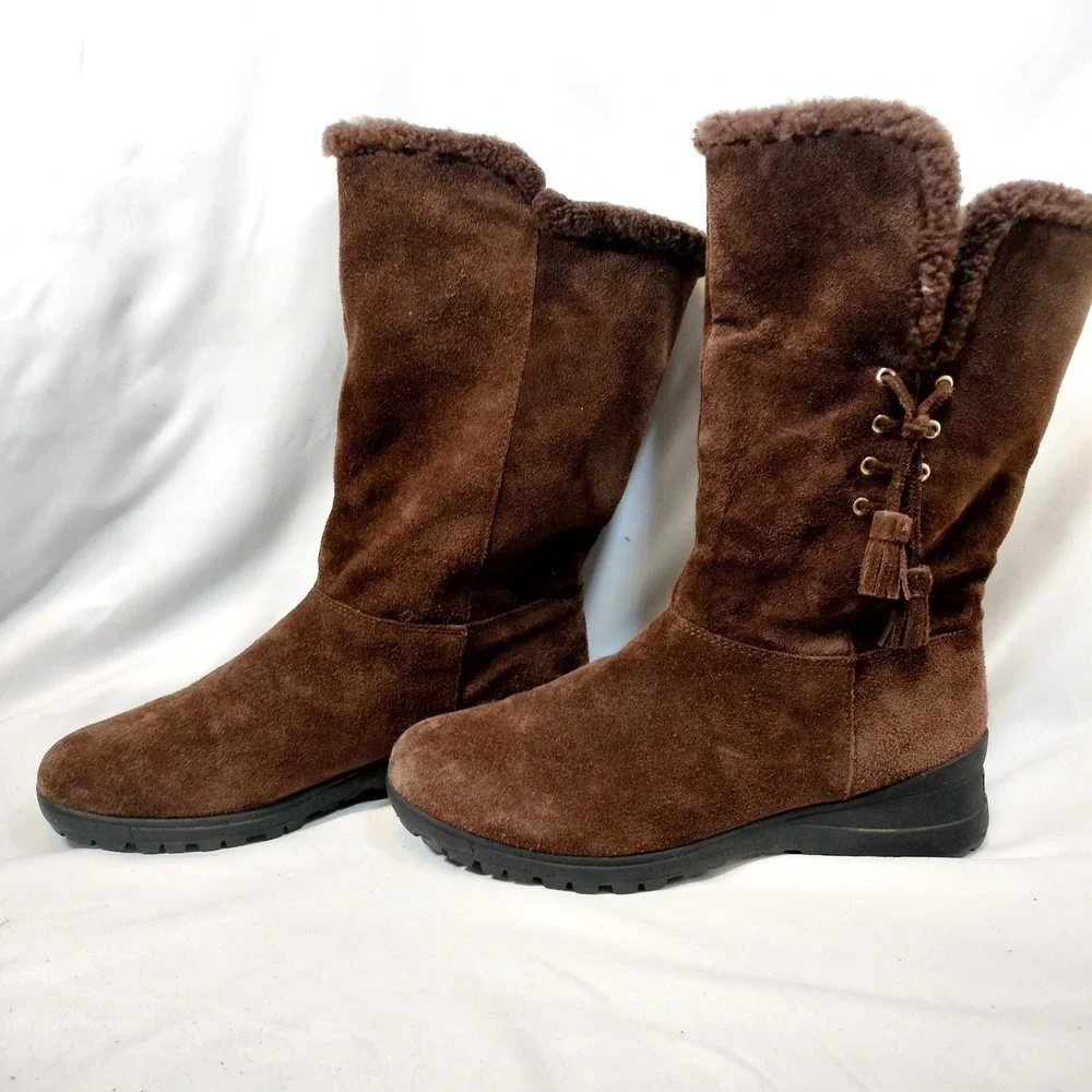 Lauren Ralph Lauren Brown Suede Tadina Boots; Shearling Trim Tassel Mid-Calf